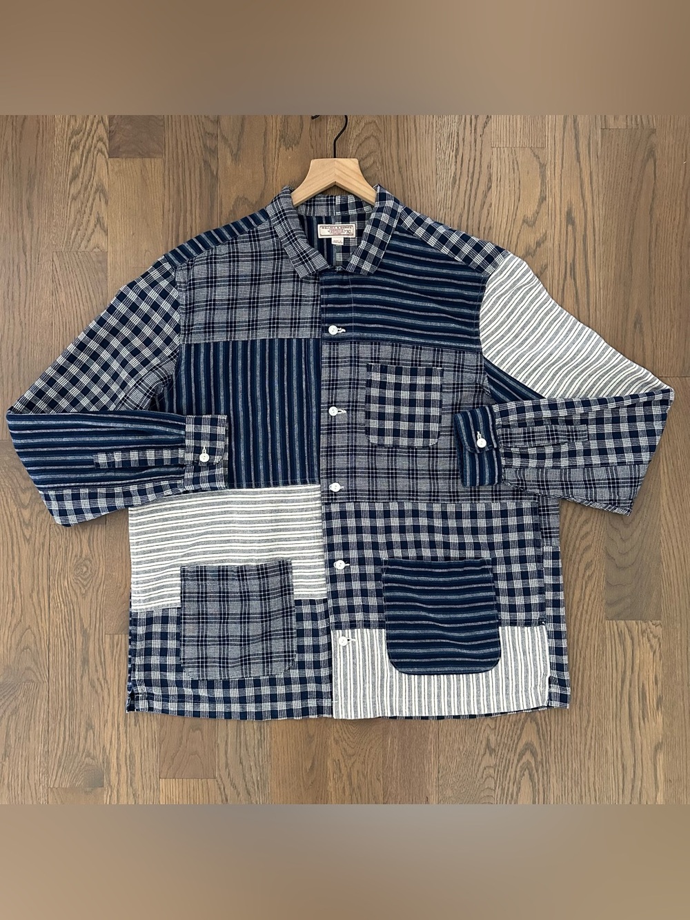Wallace & Barnes Plaid Striped Patchwork Cotton Chore Coat Indigo Blue, White XL